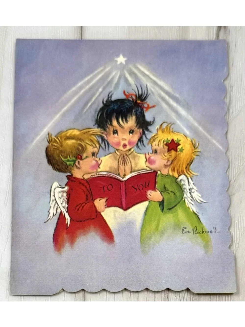 VTG UNUSED Christmas Card Artist EVE ROCKWELL Cheerie Cherubs Caroling 3 Angels